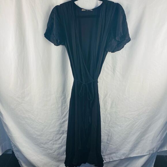 Loyd Ford Black Rayon Ruffle Wrap Midi Dress Size Small Minimalist Luxury - Picture 2 of 8